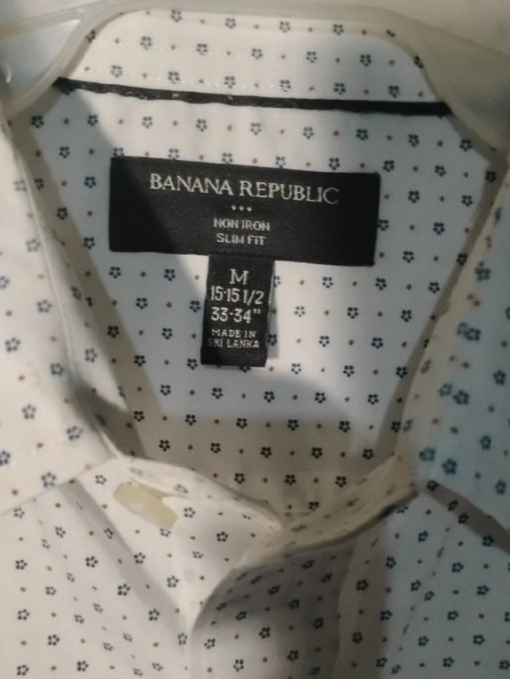 Banana Republic White Button-Up Dress Shirt with Tiny Navy Dots